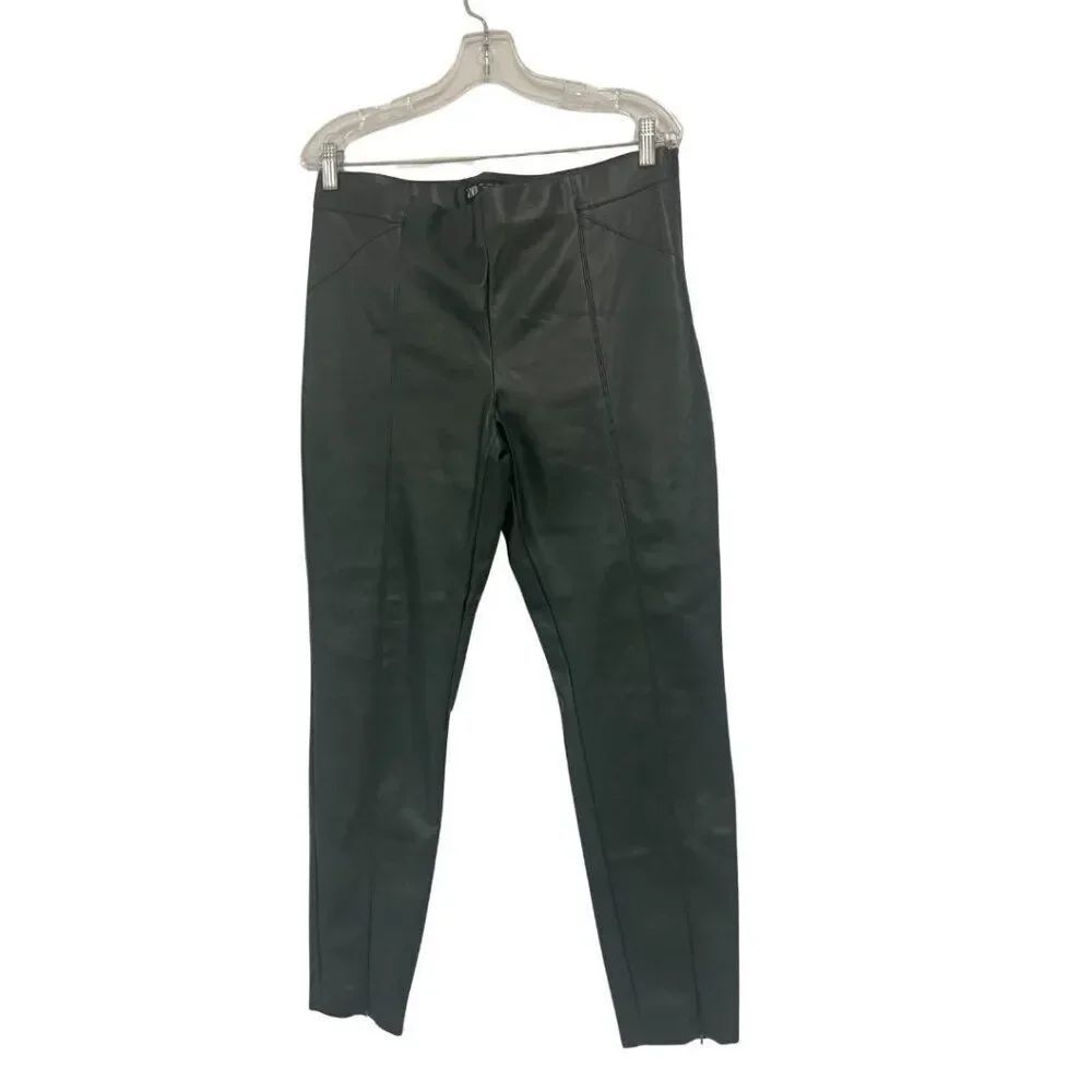 Zara Womens Faux Leather Leggings Pants Large L Green High Waisted Side Zip NWOT